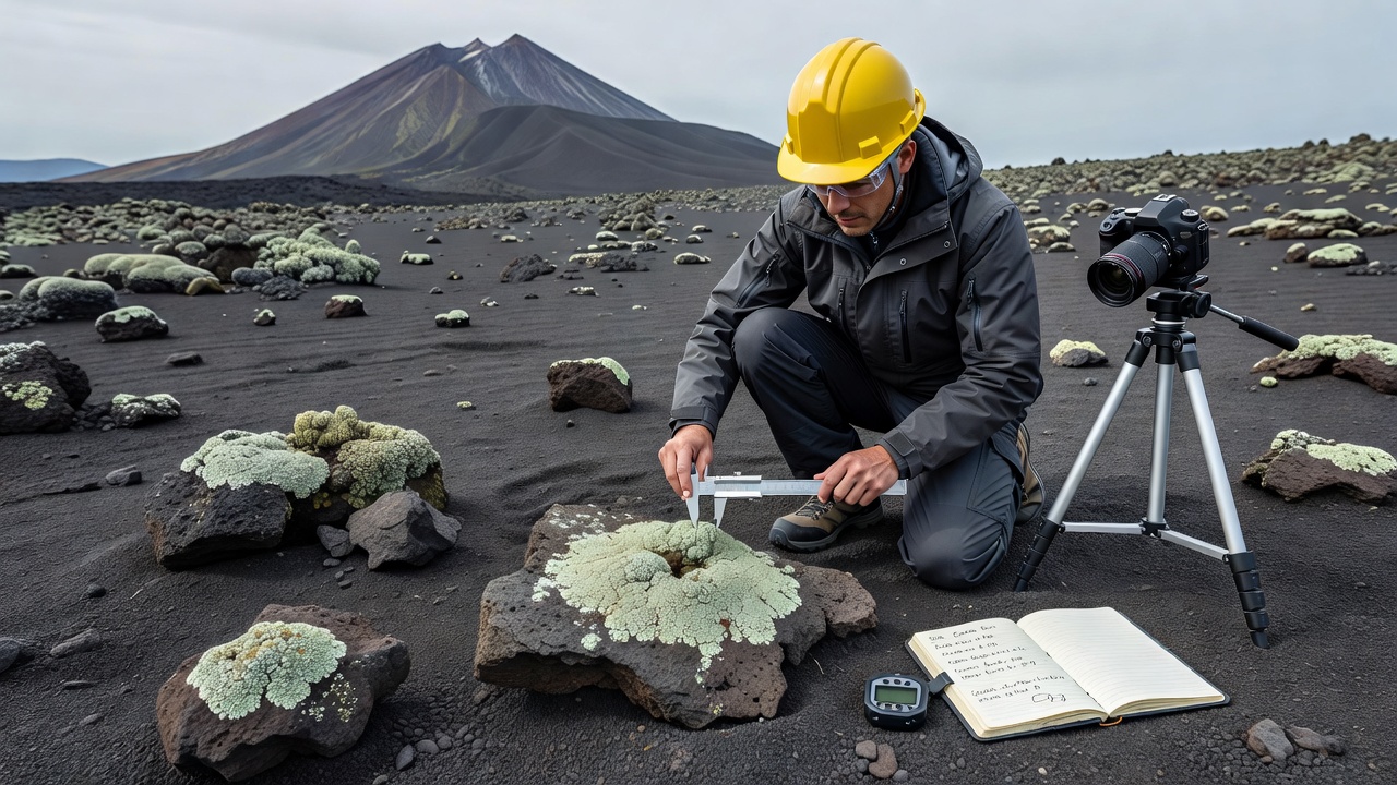 Close-up of smooth lichen thalli colonizing compacted volcanic ash layers with visible weathering patterns and early recolonization zones