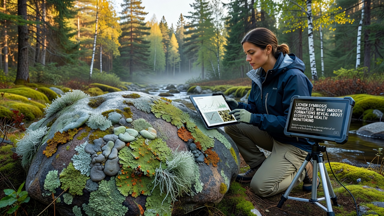 Researchers examining smooth lichen samples in a natural habitat for ecosystem monitoring purposes